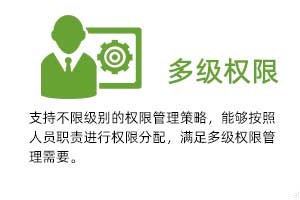 多級權(quán)限：支持不限級別的權(quán)限管理策略，能夠按照人 員職責(zé)進(jìn)行權(quán)限分配，滿足多級權(quán)限管理需 要。