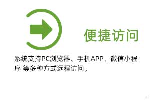 便攜訪問：系統(tǒng)支持PC瀏覽器、手機(jī)APP、微信小程序 等多種方式遠(yuǎn)程訪問。