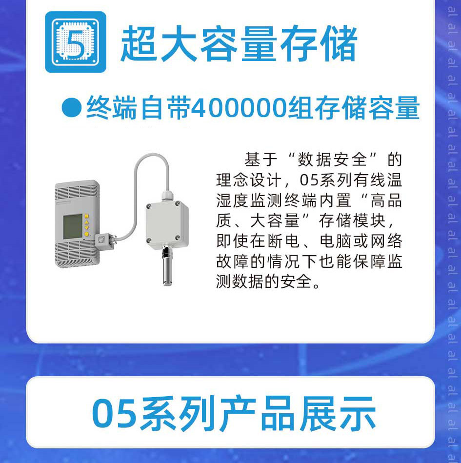 志翔領(lǐng)馭MJK2005系列溫濕度監(jiān)測系統(tǒng)基于“數(shù)據(jù)安全”的理念設(shè)計(jì)，終端內(nèi)置“高品質(zhì)、大容量”存儲模塊，自帶500000組存儲容量，即使在斷電、電腦或網(wǎng)絡(luò)故障的情況下也能保障監(jiān)測數(shù)據(jù)的安全。